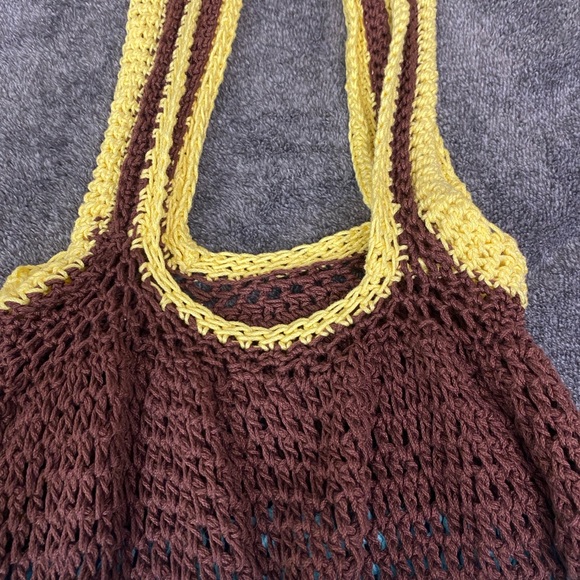 Chic Brown and Blue Handmade Crochet Tote Bag with Yellow Accents - Picture 3 of 6